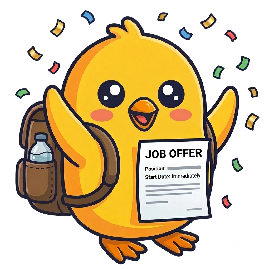 Checky the Chick holding a magnifying glass